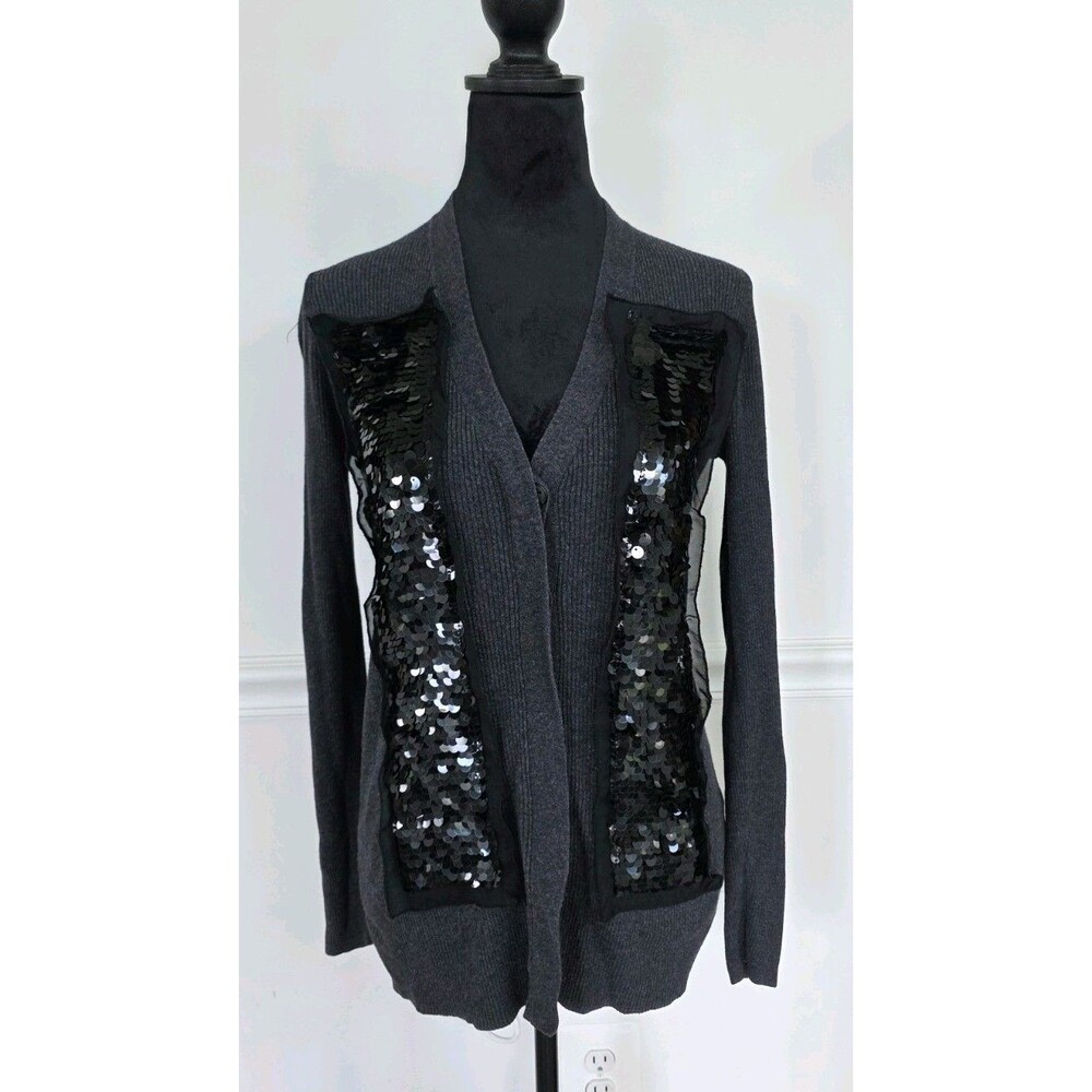 Simply Vera Vera Wang XS Gray Ribbed Knit Cardigan Black Sequin Front Button XS